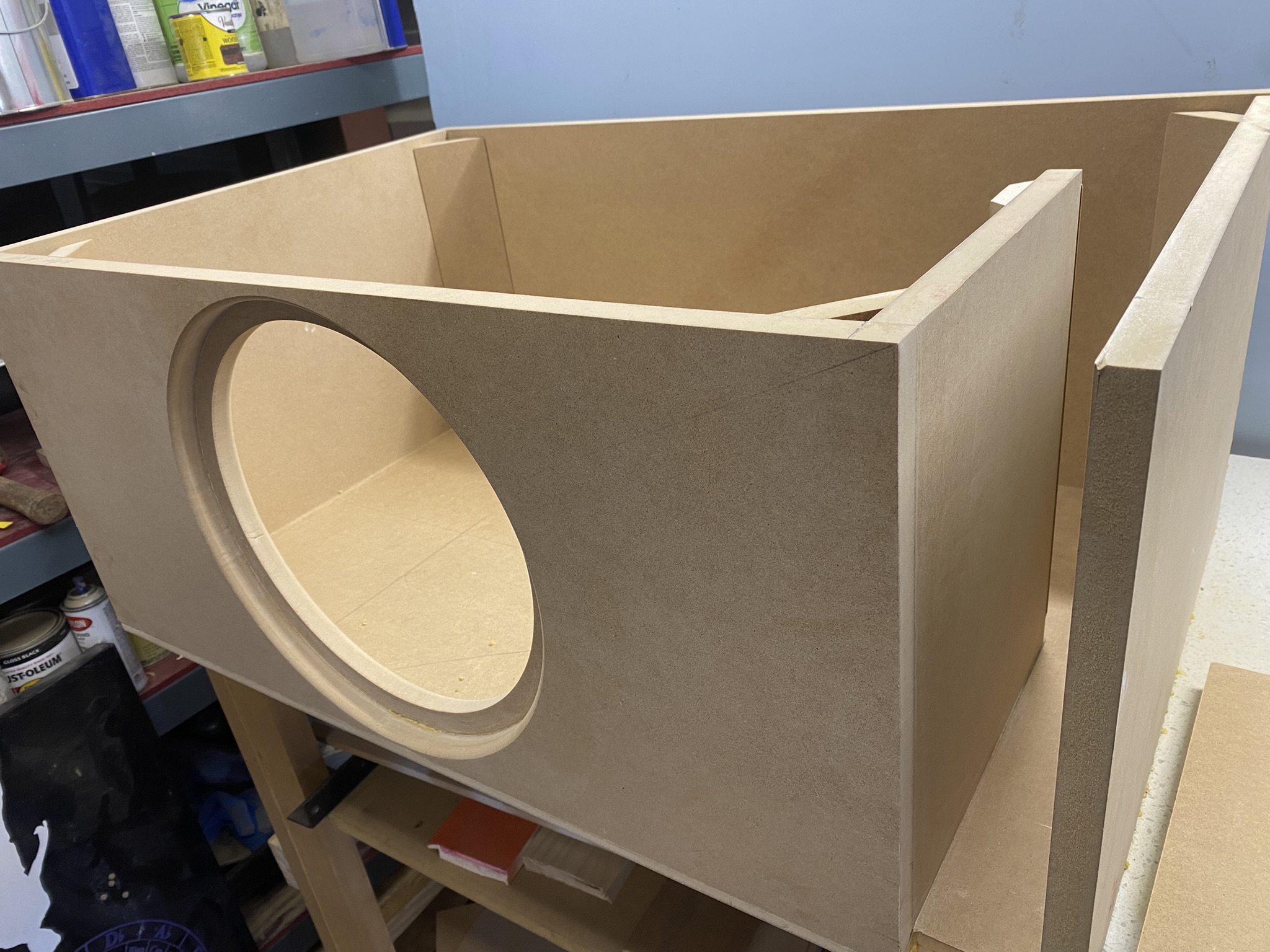 Custom MDF subwoofer enclosure mid-build